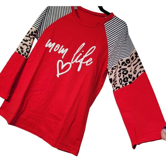 Woffccrd Women Mom Life Leopard & Striped Long Sleeve Red Shirt Small New - Picture 2 of 9